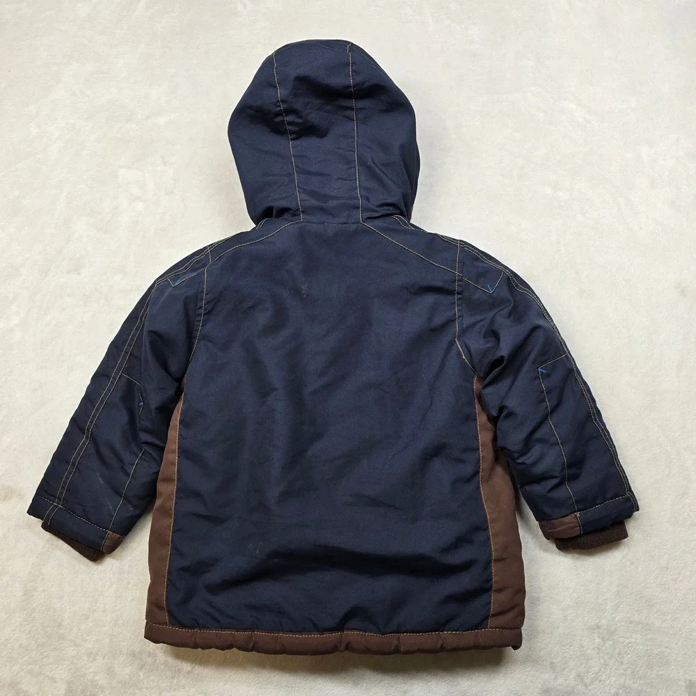 OshKosh B'gosh‎ Sherpa Lined Hooded Winter Jacket Boys Size 4 Navy Blue Patches